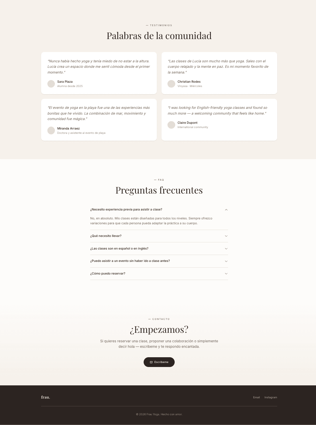 Testimonios, FAQ y contacto de frau